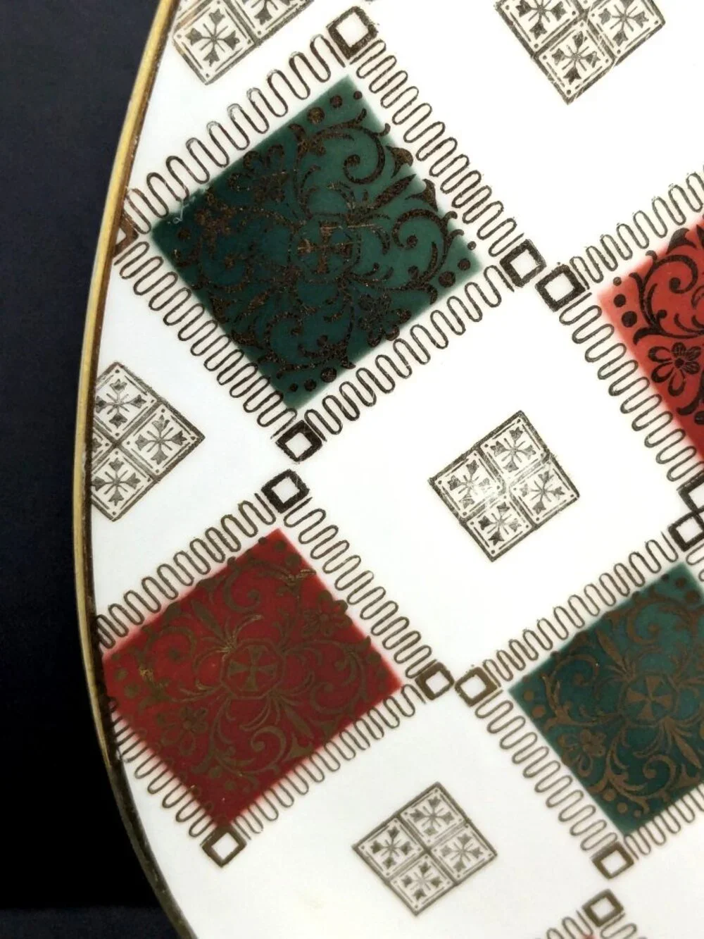 Vintage Bavaria Porcelain Guitar Pick Shaped Plate Red Green Gold Pattern 1950s